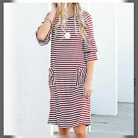 Dresses & Skirts - Burgundy Striped Ruffle Sleeve Shift Dress